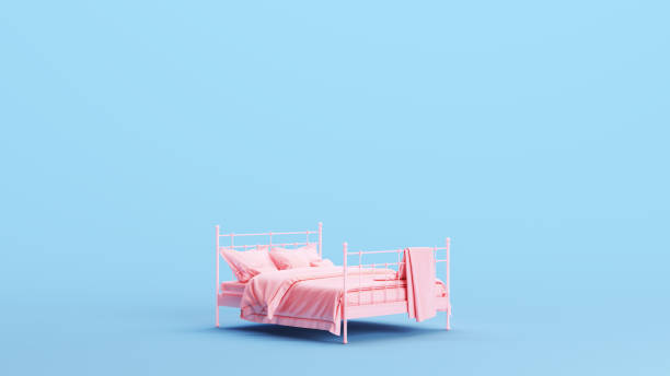 istock Pink Bed Vintage Iron Bed Frame Comfortable Elegance Sheets Blanket Pillow Kitsch Blue Background 1483472953