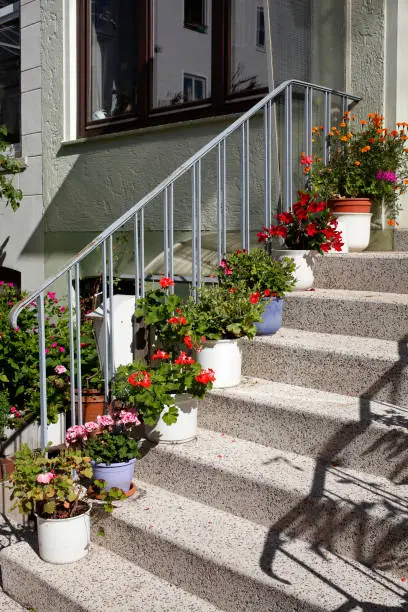 Treppenstufen mit Blumenkübeln und Treppengeländer vor einem Wohnhaus stehend, Deutschland