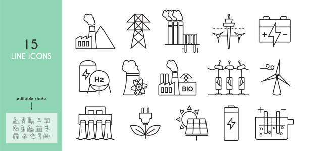 illustrazioni stock, clip art, cartoni animati e icone di tendenza di set di icone di linea della centrale elettrica - coal fired power station