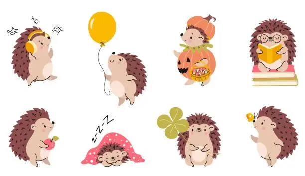 Vector illustration of Forest autumn hedgehogs. Cute cartoon hedgehog play with balloon, listen music and reading books. Halloween animal in pumpkin, nowaday vector set