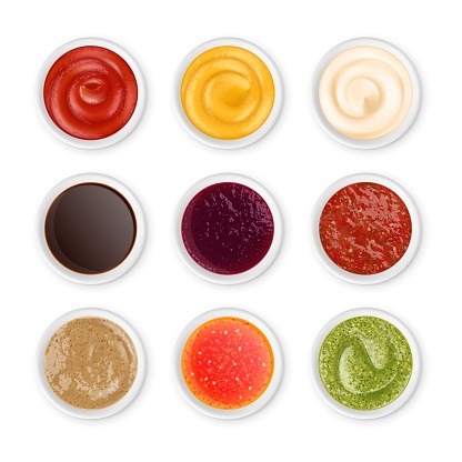 Isolated realistic sauces top view in white bowls. Sauce condiments, dips or dressings for dishes. Pesto, ketchup and mayonnaise pithy vector set of sauce homemade gourmet illustration