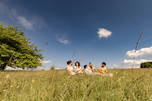 Young friends enjoying while relaxing in grass during summer day in nature. Copy space.