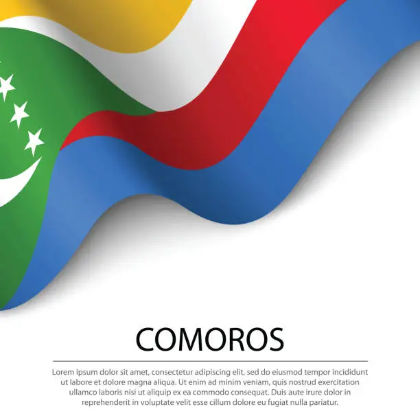 Vector illustration of Waving flag of Comoros on white background. Banner or ribbon template for independence day