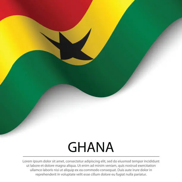 Vector illustration of Waving flag of Ghana on white background. Banner or ribbon template for independence day