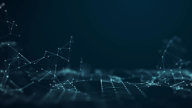 Abstract concepts of cybersecurity technology and digital data protection. Protect internet network connection with polygons, dots and lines with dark blue background, center focus, side blur.