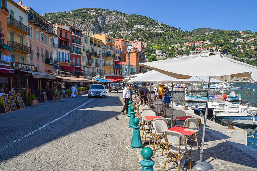 Villefranche-Sur-Mer, France - August 4 2019: marina and Old Town daytime view