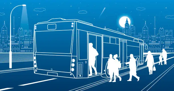 Vector illustration of City transportation infrastructure illustration. Passengers get off the bus. people walk down the street. Night town on background, vector design art
