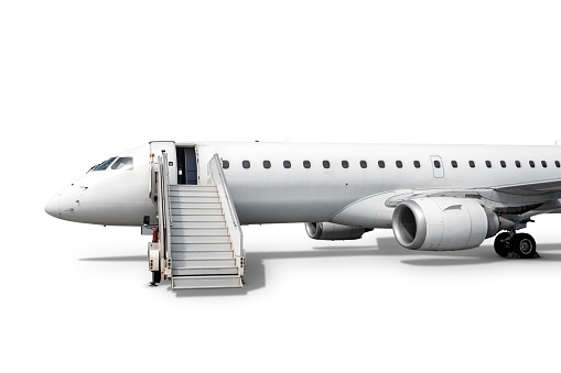 Passenger jet plane with air stairs isolated on white background