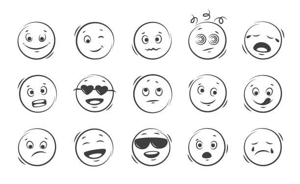 Emoji face icon set 01 Emoji face icon set. Emoji with different emotion mood. Black and white vector illustration. drawing of the how to draw a crying face stock illustrations