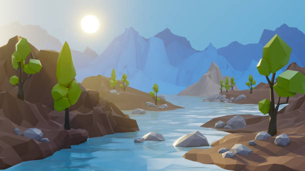 Low polygonal virtual world landscape, meta universe. Low polygonal virtual world landscape, metaverse. River in the mountains at sunset, soft ambient lighting. cartoon mountains stock pictures, royalty-free photos & images