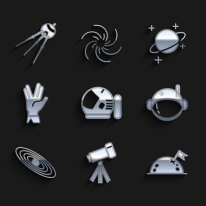 Set Astronaut helmet Telescope Planet with flag Vulcan salute and Satellite icon. Vector.