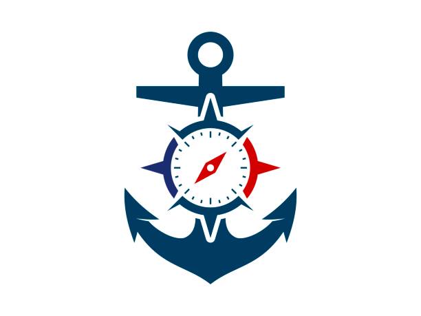 내부에 나침반이 있는 파란색 앵커 - anchor harbor vector symbol stock illustrations