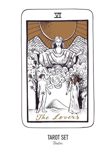 istock Vector hand drawn Tarot card deck.  Major arcana the Lovers.  Engraved vintage style. Occult, spiritual and alchemy symbolism 1483484345