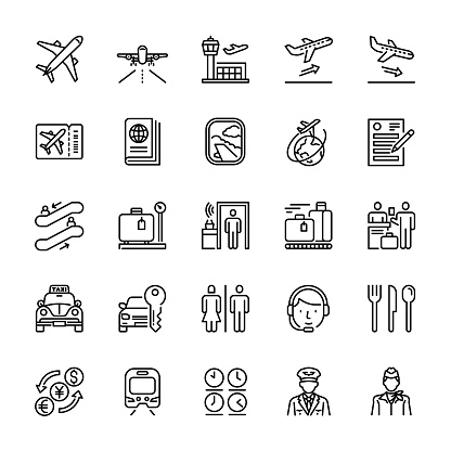 Set of airport line icons, vector and illustration.