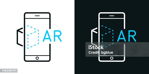 istock AR Augmented reality with smartphone. Bicolor line icon on black or white background - Editable stroke 1483485191