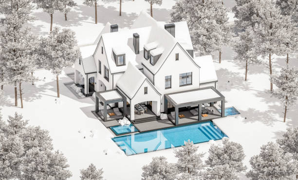 3d rendering of white and black modern tudor house in winter day - house residential structure non urban scene tudor style imagens e fotografias de stock