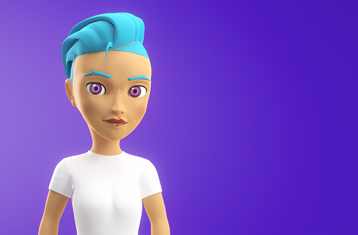 A medium shot of a female video game character, posing in a studio environment inside the metaverse. Part of a series of avatars created for use online in virtual reality, Web3 and metaverse.