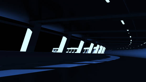 istock 3d render of abstract interior with blue light in the end. 1483487139
