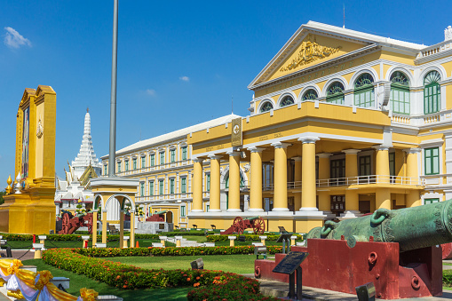 Bangkok, Thailand; 11 29 2019: Ministry of Defence headquarters in Bangkok's Phra Nakhon District. This building also contains Ancient Artillery Museum and it's situated in front of the Grand Palace.