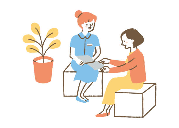 hospital_color에서 질문하는 여성 환자 - customer therapy asking doctor stock illustrations