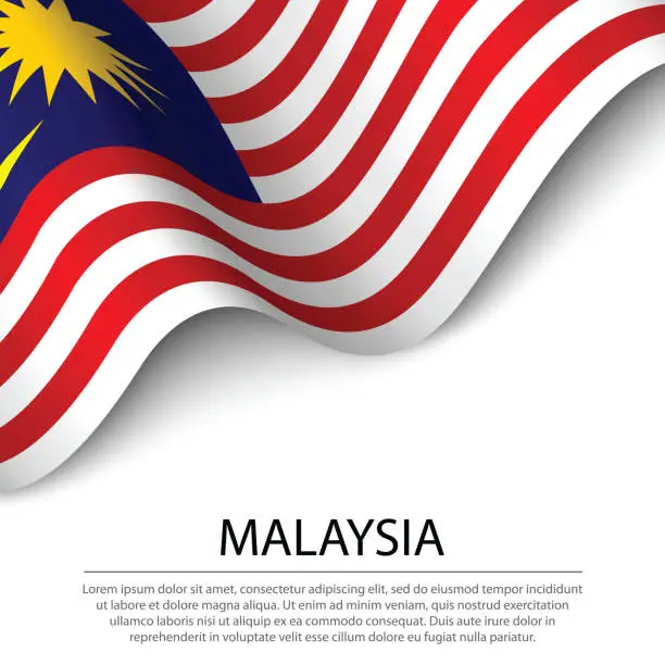 Vector illustration of Waving flag of Malaysia on white background. Banner or ribbon template for independence day