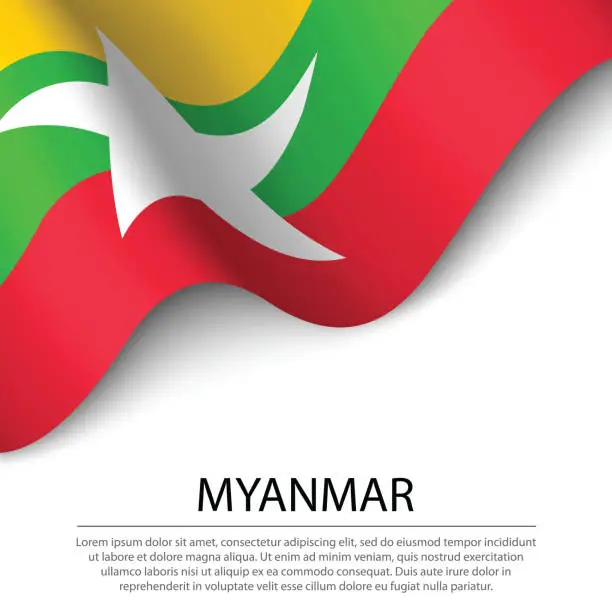 Vector illustration of Waving flag of Myanmar on white background. Banner or ribbon template for independence day