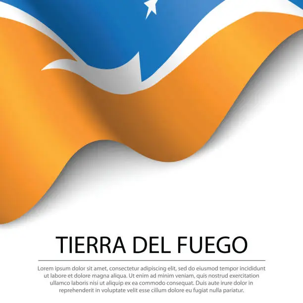 Vector illustration of Waving flag of Tierra del Fuego is a region of Argentina on white background.