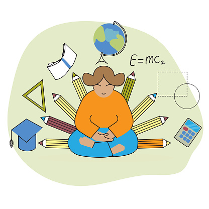 Flat vector illustration female student with pencils in lotus position meditates among study supplies.