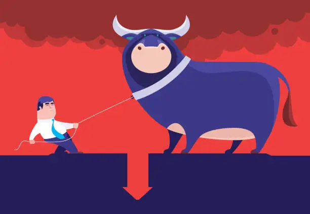 Vector illustration of businessman pulling bull