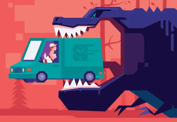 Vector illustration of dinosaur biting delivery van with screaming driver