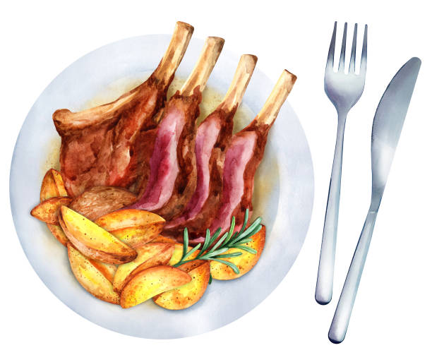 illustrazioni stock, clip art, cartoni animati e icone di tendenza di costolette di carne di agnello arrosto con patate. illustrazione ad acquerello - baked potato