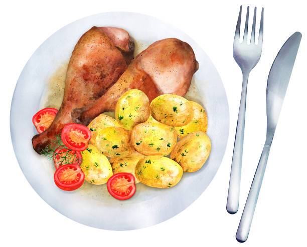 illustrazioni stock, clip art, cartoni animati e icone di tendenza di piatto con cosce grigliate e patate bollite. illustrazione ad acquerello - cherry tomato