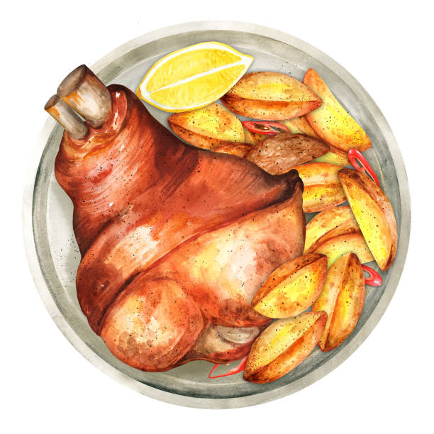 ilustraciones, imágenes clip art, dibujos animados e iconos de stock de codillo de cerdo asado con patatas. ilustración en acuarela - comida alemana