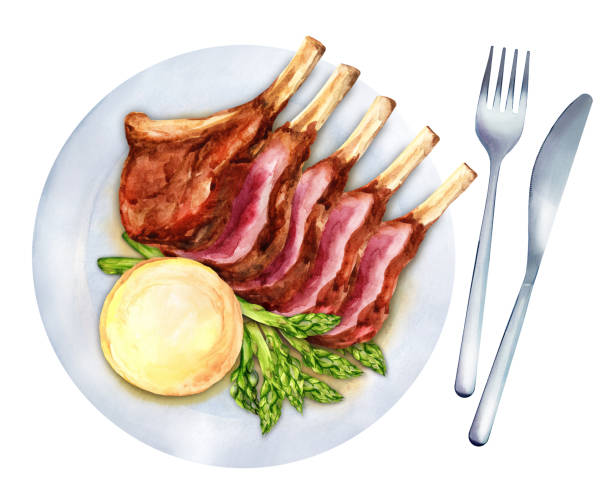 ilustrações de stock, clip art, desenhos animados e ícones de grilled rack of lamb with mashed potatoes and asparagus. watercolor illustration - rack of lamb illustrations