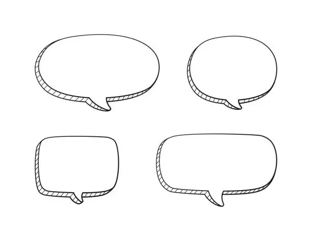 Vector illustration of Collection set of hand drawn 3D blank speech bubble balloon, think, speak, talk, text box banner, black and white color, flat design vector illustration