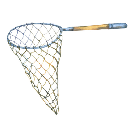 Fishing net for catching fish and butterflies, isolated on white background. Watercolor hand drawn illustration sketch. Fishing net for your design illustrations and compositions, stickers, business cards