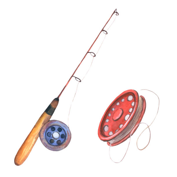 낚싯대 수채화 그림. 물고기를 잡는 도구. 하나의 단일 개체, 파란색, 빨간색, 갈색. 흰색에 손으로 그린 수채화 스케치 그림 - white background string spool sewing item stock illustrations