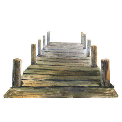 Watercolor illustration, old wooden pier. Hand drawn watercolor graphic sketch isolated on white background