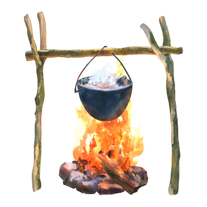 Sticks with knots for hanging the cauldron over the fire. Watercolor illustration isolated on white background