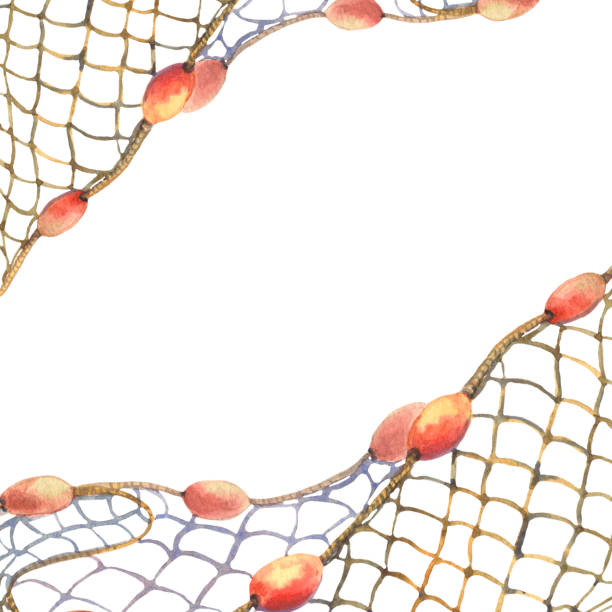 handgezeichnete aquarellillustration, rahmen eines leeren fischernetzes, wade isoliert auf weißem hintergrund. kann als flyer-vorlage für angelgeräte und fischgeschäfte verwendet werden - fischernetz stock-grafiken, -clipart, -cartoons und -symbole