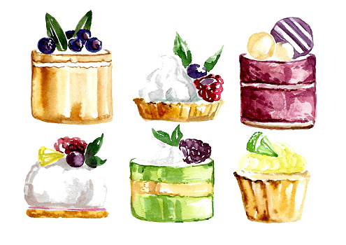A set of cakes and cupcakes decorated with fresh blueberries and raspberries isolated on a white background.
Watercolor illustration by hand.