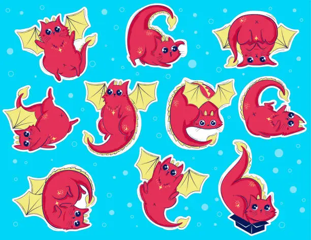 Vector illustration of Cheerful Red Dragoncat stickerpack