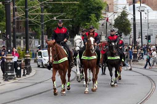 Cuenca, Ecuador - June 17, 2015: Lined police in the center of Cuenca, Ecuador