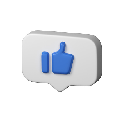 Speech Bubble With Blue Ok Gesture, Thumb Up On White. Symbol Of Like In Social Media. Modern Realistic 3d Icon. 3d Render Isolated On White Background.