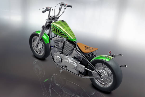 istock 3D rendered image of a vintage metallic green custom motorcycle on grey background 1483501645