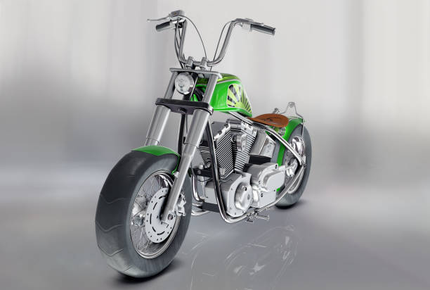 istock 3D rendered image of a vintage metallic green custom motorcycle on grey background 1483501647