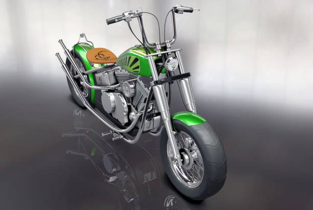 istock 3D rendered image of a vintage metallic green custom motorcycle on grey background 1483501648