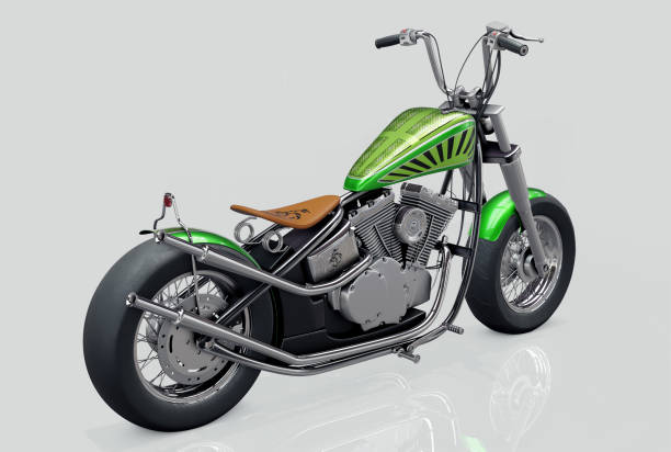 istock 3D rendered image of a vintage metallic green custom motorcycle on grey background 1483501649