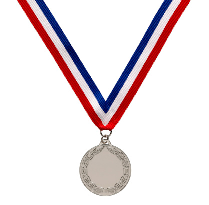 silver medal on ribbon isolated on white with clipping path