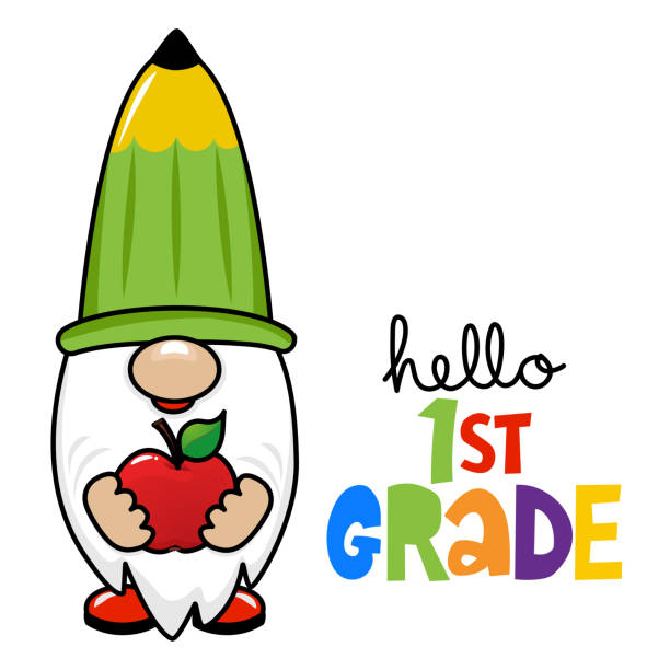 Art & Illustration Hello first grade - Smart gnome with an apple. Cute troll character. Hand drawn doodle for kids. Good for school sets, wallpapers, wrapping paper, clothes. Back to school. teacher clipart stock illustrations